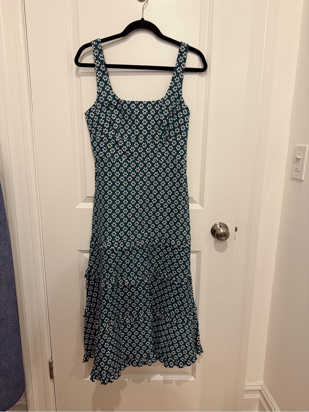 Anthropologie Teal and White Floral Square-Neck Midi Dress